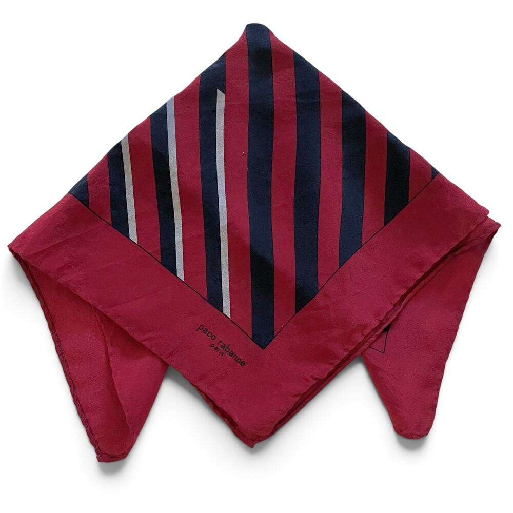 Paco Rabanne Vintage Stripe Burgundy Silk Hand Rolled Handkerchief Pocket Square